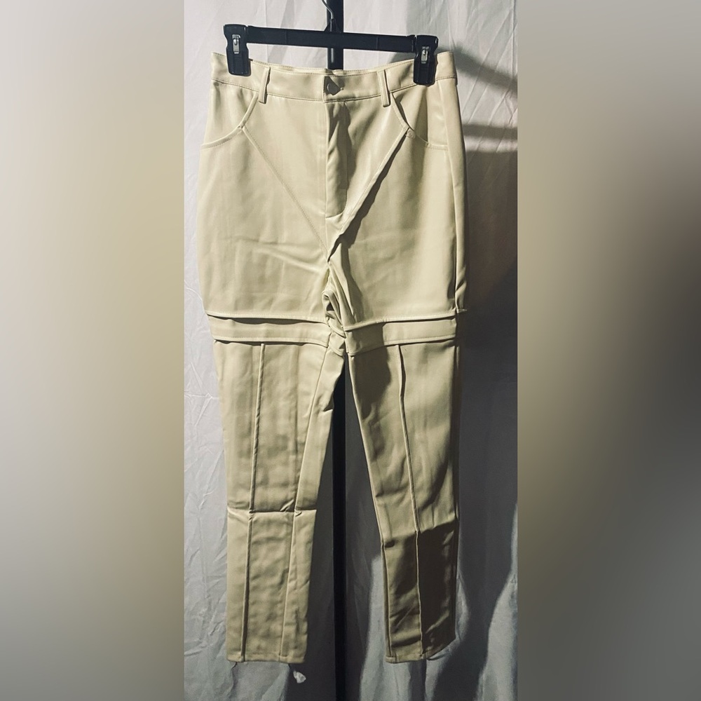 PrettyLittleThing Faux Leather Contrast Panels Skinny Trousers, Cream